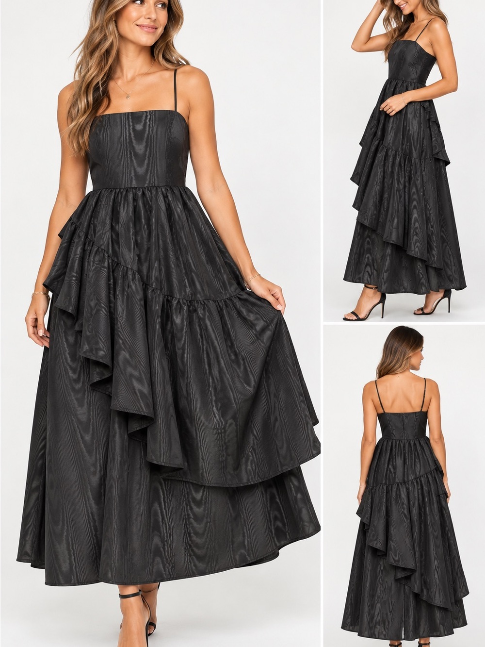 Kate Spade New York Black Moiré Tiered Ruffle Midi Dress – XXS